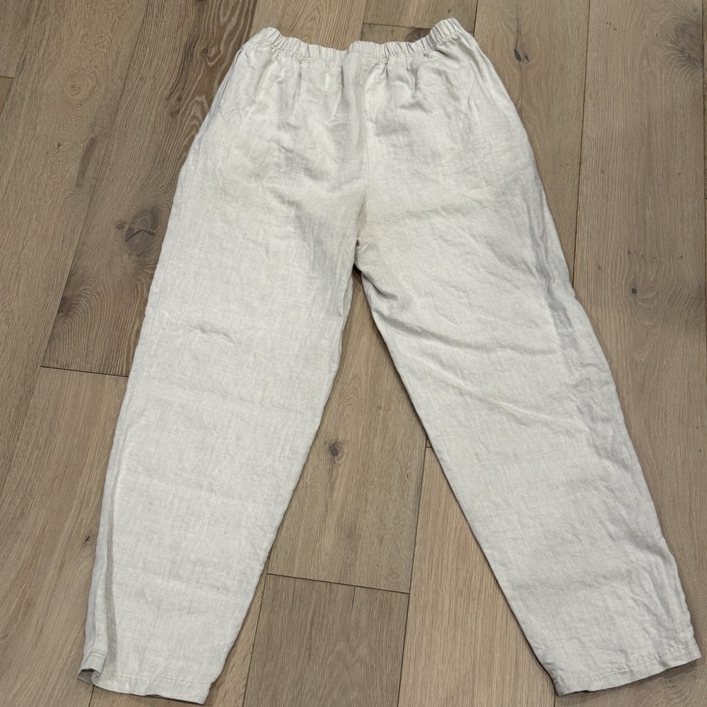 Vintage Linen Cotton Straight Leg Cropped Pants Beige Cottage-core Lagenlook MED